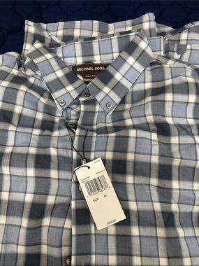 Michael Kors Light Blue, White and Gray Plaid Button-Down Shirt
